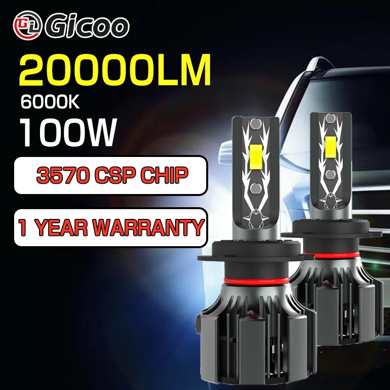 GICOO ڵ LED Ʈ , H4 H1 H3 H7 H11 9004 9007 100W Ȱ, 6500K ̴   ڵ 